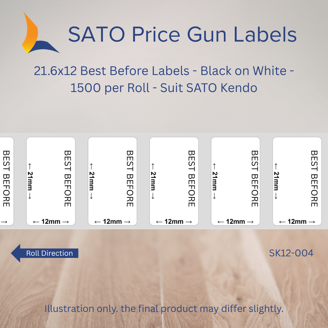 21.6x12 Best Before Labels - Black on White - 1500 per Roll - Suit SATO Kendo